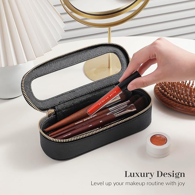 Aveniee Slim Clear Makeup Brush Bag, Small Cosmetic Brush Holder, Mini Toiletry Bag Travel Case for Women, Thin Make up Bags with Dual Zipper, Cute Travel Essentials Bag Organize - Black