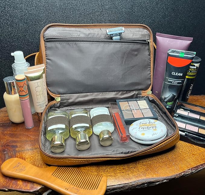 RusticTown Leather Toiletry Bag for Men - Travel Shaving Dopp Kit - Bathroom Shower Toiletries Organizer - Cosmetic Make up Bag for Women