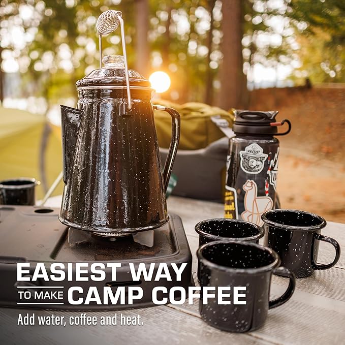COLETTI Classic Camping Coffee Pot & Mug Set - Percolator Coffee Pot, Enamel Mug Complete Nostalgic Bundle German Imported Enamel Powder [12 oz, Set of 4] (Black)