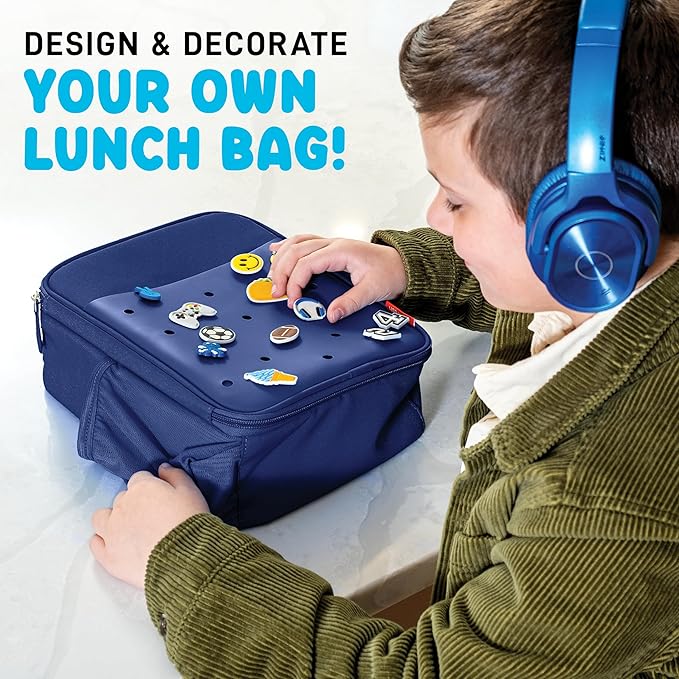 Fit & Fresh Charm Lunch Bag For Kids, Thermal Insulated Lunch Box For Kids Boys & Girls With Shoe Charm Slots For Personalization, School Lunch Box, Navy Blue