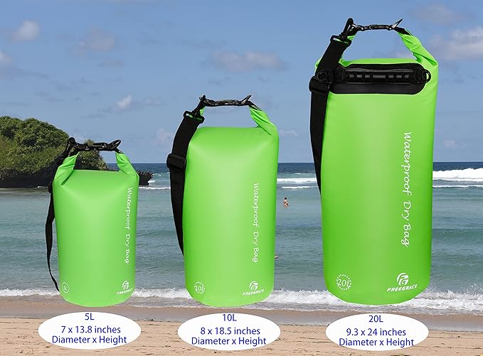 Waterproof Dry Bags Set Of 3 Dry Bag With 2 Zip Lock Seals & Detachable Shoulder Strap, Waist Pouch & Phone Case - Can Be Submerged Into Water - For Swimming (Green, 5L)