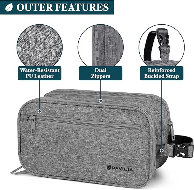 PAVILIA Toiletry Bag for Men, Travel Toiletries Bag | Water-resistant Dopp Kit, PU Leather Shaving Pouch Organizer for Accessories, Cosmetic, Hygiene, Grooming Essentials (Black)