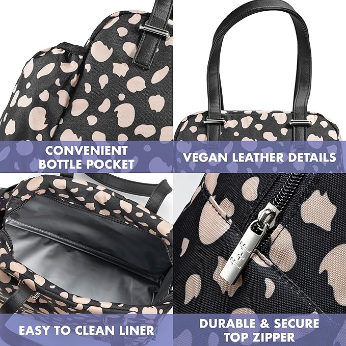 Fit & Fresh Lunch Bag For Women, Insulated Womens Lunch Bag For Work, Leakproof & Stain-Resistant Large Lunch Box For Women With Bottle Pocket, Long Straps, Zipper Closure Laketown Bag Black Cheetah