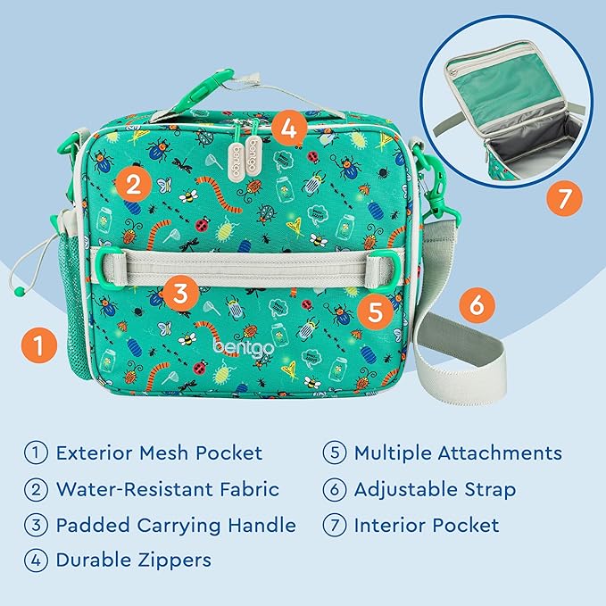 Bentgo Kids Lunch Bag - Durable, Double-Insulated Lunch Bag for Kids 3+; Holds Lunch Box, Water Bottle, & Snacks; Easy-Clean Water-Resistant Fabric & Multiple Zippered Pockets (Bug Buddies)