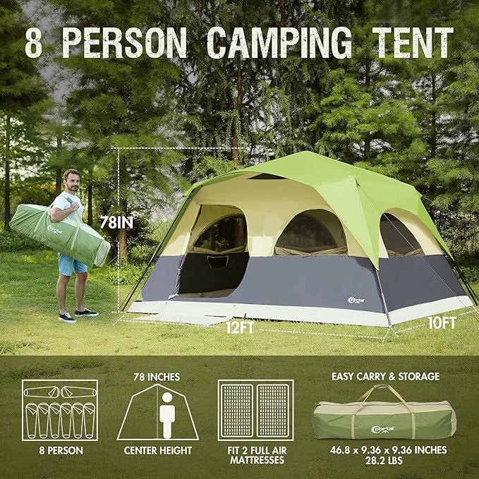 Portal 8 Person Instant Tent for Camping, Large Water Resistant Cabin Family Tent Easy Setup with 5 Large Mesh Windows, Rainfly, Carry Bag