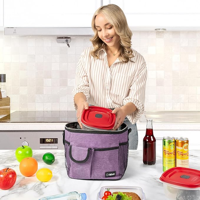 opux Insulated Lunch Bag for Men Women, Leakproof Heather Purple Lunch Box for Work, Portable Soft Lunch Cooler Bag with Shoulder Strap, Adult Lunchbox Lunch Pail for Kid Boy Girl School, 18 Can/10L