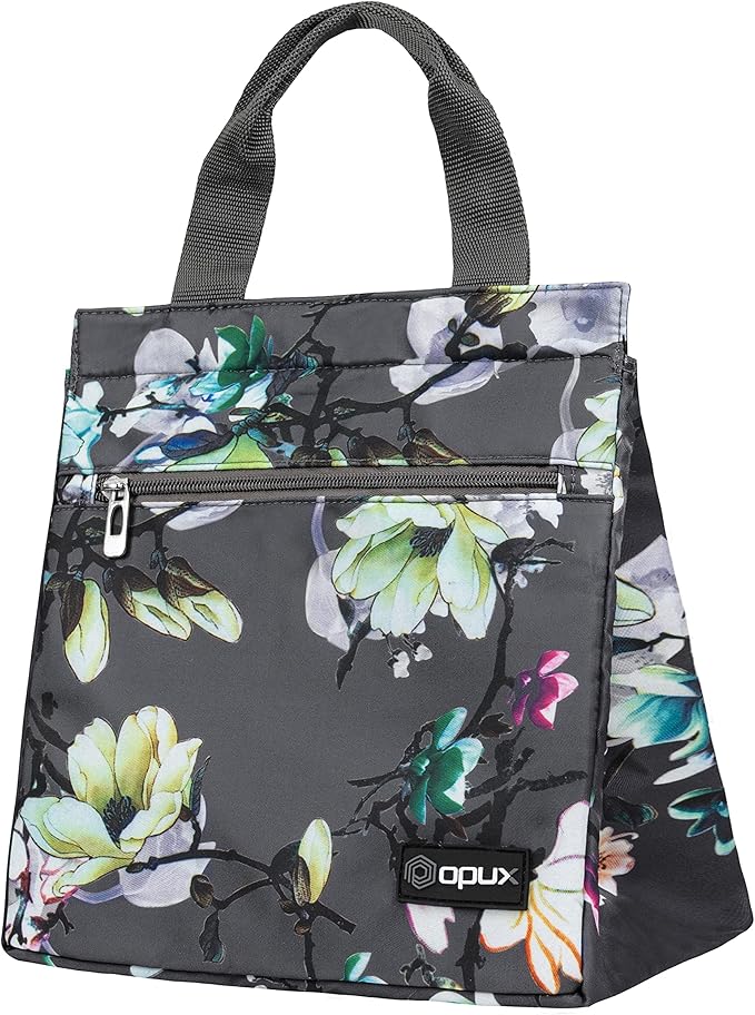 opux Lunch Bag for Women, Insulated Lunch Box Tote for Girls Kids Adult School Work, Reusable Womens Lunch Tote for Office Travel, Cute Small Lunch Tote, Fits 12 Cans - Floral Gray