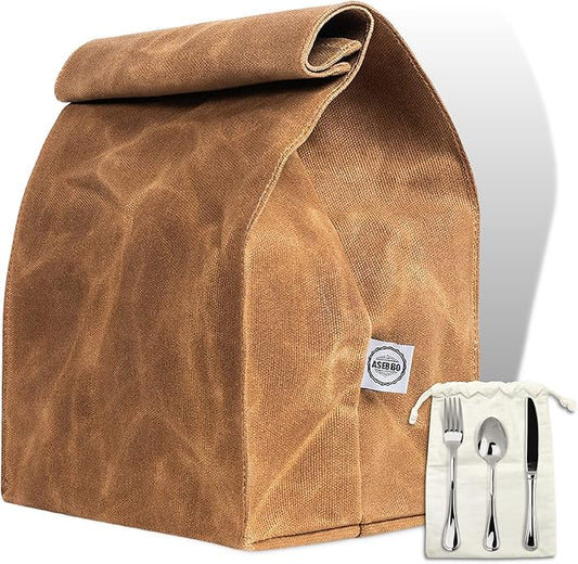 Waxed Canvas Lunch Bag – Reusable Insulated Paper Bag-Style Lunchbox for Adults – Leakproof & Durable Sack Lunch Box for Work, Picnic & Travel – Stylish Brown Bag Cooler with Shoulder Strap