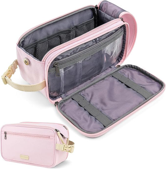 PAVILIA Toiletry Bag for Women, Canvas Travel Dopp Kit, Water Resistant Hygiene Bag Toiletries Organizer, Shaving Kit Travel Accessories Bag, Pink