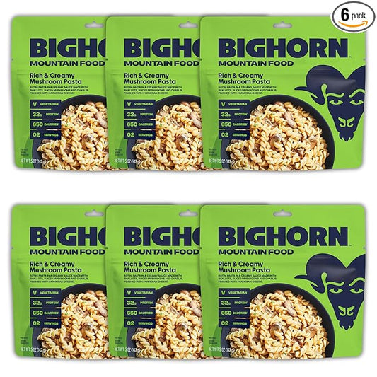 BIGHORN Mountain Food Vegetarian Creamy Mushroom Pasta - contains 6 packs | 12 servings | 192g Protein | 3,900 Calories - premium freeze dried meals for backpacking food - vegetarian backpacking meals - ideal camping meals just add water - great taste