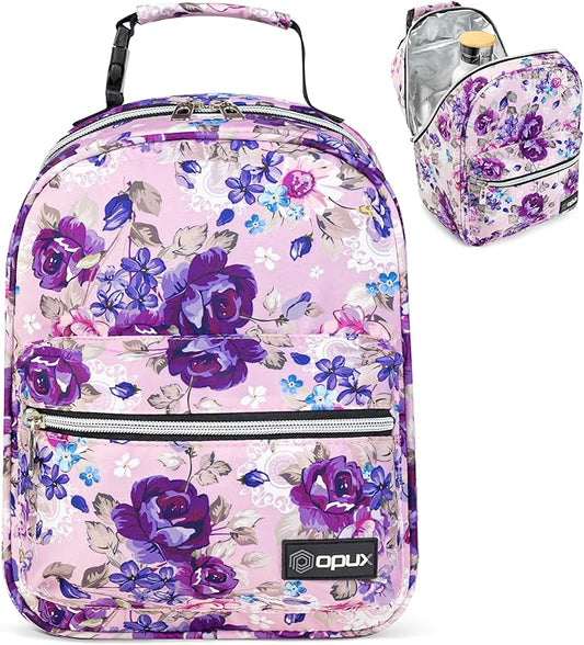 opux Lunch Box for Girls Boys Kids, Insulated Leakproof Lunch Bag, Reusable Teen Lunch Boxes for School, Medium Large lunchbox for Women Men Adult for Work with Front Back Pocket (Floral Purple)