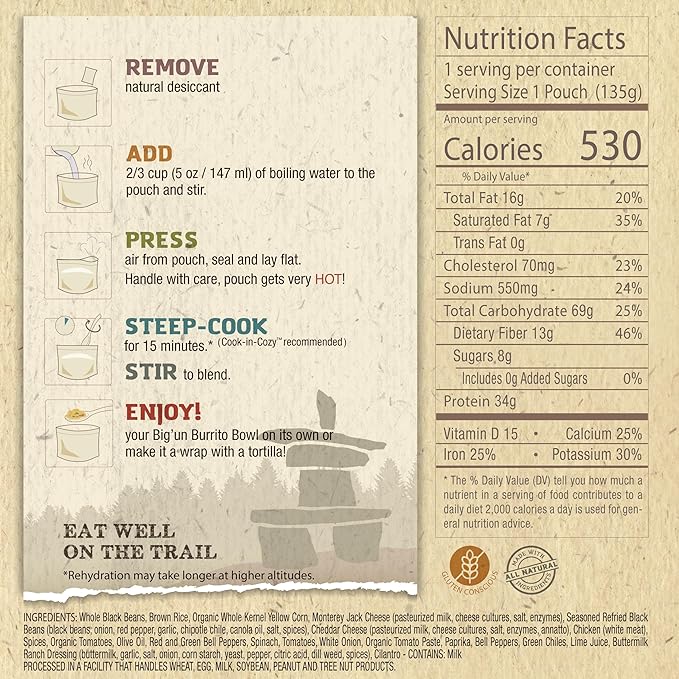 Packit Gourmet Big'un Burrito With Fajita Chicken| Premium Freeze Dried Backpacking & Camping Food | Large Portions | High Protein | Real Meat | Just Add Water Meal |All-Natural Ingredients | Made in USA |Freeze-Dried and Dehydrated Foods