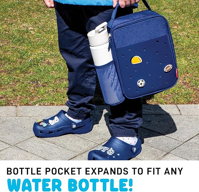 Fit & Fresh Charm Lunch Bag For Kids, Thermal Insulated Lunch Box For Kids Boys & Girls With Shoe Charm Slots For Personalization, School Lunch Box, Navy Blue