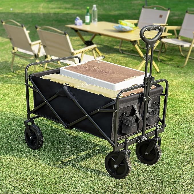 Sweetcrispy Collapsible Foldable Wagon Cart, Large Capacity Garden Cart with Wheels, Heavy Duty Utility Grocery Wagon with Drink Holders for Shopping Sports Camping, Large Black