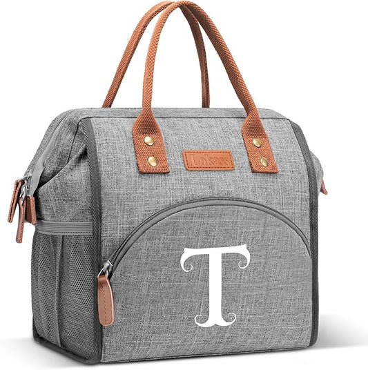 Initial Lunch Bag Women Insulated Lunch Box Wide-Open Lunch Tote Bag Large Drinks Holder Durable Nylon Thermal Snacks Organizer for Work, Travel, Picnic Personalized Gifts for Women/Teacher