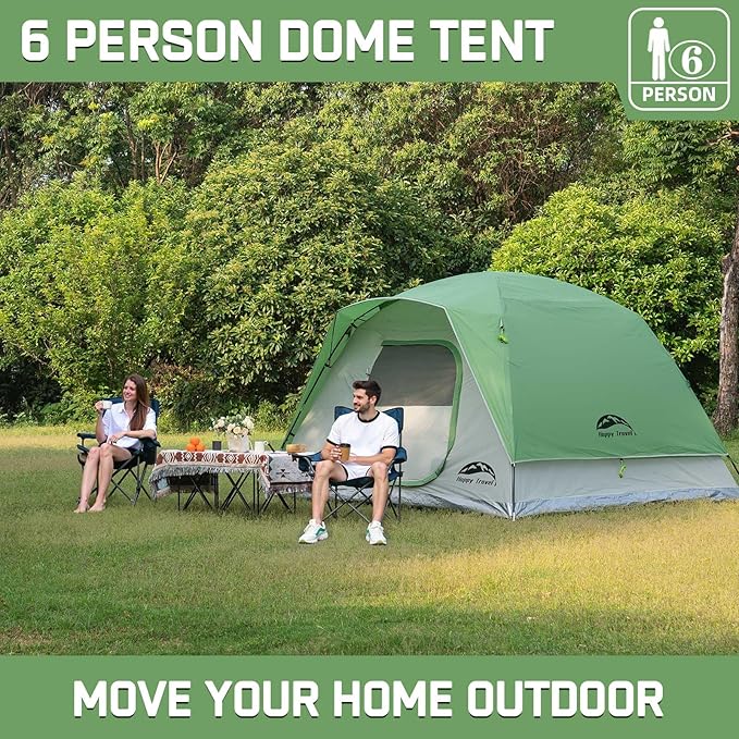 Happy Travel Camping Tent, 6 Person Dome Tents for Camping with Rainfly, Waterproof Clip Easy Setup Portable Family Tent with Mesh Windows, 20% More Headroom Backpacking Tents for Camping & Hiking