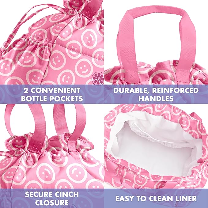 Fit & Fresh Lunch Bag For Women, Insulated Womens Lunch Bag For Work, Stain-Resistant Large Lunch Box For Women With Containers, Cinch Closure Cromwell Bag, All Smiles Fuchsia