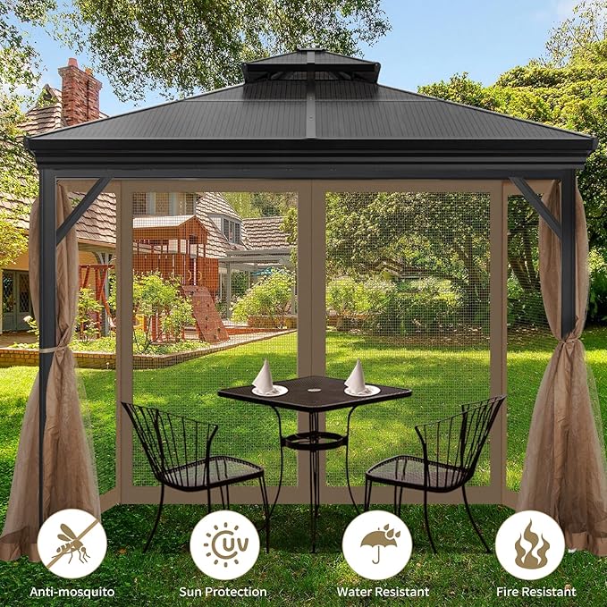 Gazebo Universal Replacement Mosquito Netting, 10' x 12' Outdoor Mesh Netting Screen 4-Panel Sidewall with Zipper for Patio Canopy Garden Porch Pergolas and Backyard, Khaki(Mosquito Net Only)