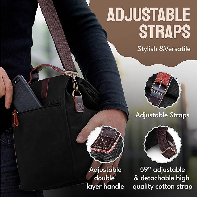 Insulated Lunch Bag for Women & Men - Reusable & Leak Proof Lunch Box Cooler Bag for Work, Beach, Travel for Adults with Shoulder Strap, Father's Day Gift - Waxed Canvas (Black) - Reusable Bag