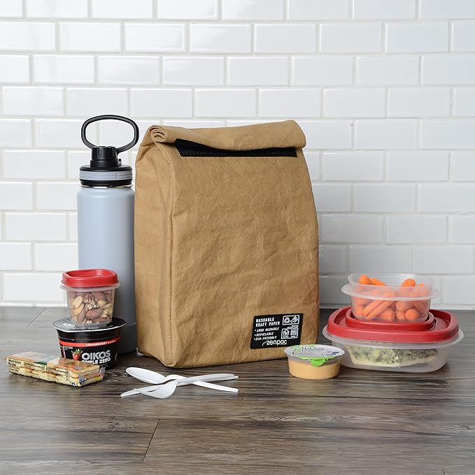 ZENPAC Small Brown Lunch Bag, Reusable & Washable Kraft, Leakproof Sack for Work, School, Picnic, Food, Beverages, Snacks, Travel, 8.5x4.5x12
