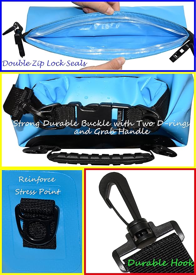 Waterproof Dry Bags Set of 3 Dry Bag with 2 Zip Lock Seals & Detachable Shoulder Strap, Waist Pouch & Phone Case - Can Be Submerged Into Water (Sky Blue, 20L)