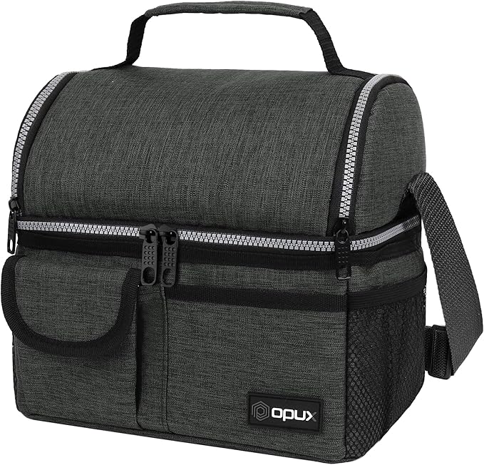 OPUX Lunch Box for Men, Adult Lunch Box Cooler, Insulated Lunch Bag Women, Dual Compartment Lunchbox for Work, Leakproof Double Decker Lunch Bag, Soft Lunch Pail Tote Boys Girls Kids School, Dark Gray