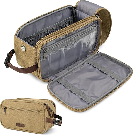 PAVILIA Toiletry Bag for Men, Canvas Travel Dopp Kit, Water Resistant Hygiene Bag Toiletries Organizer, Shaving Kit Travel Accessories Bag, Tan Khaki