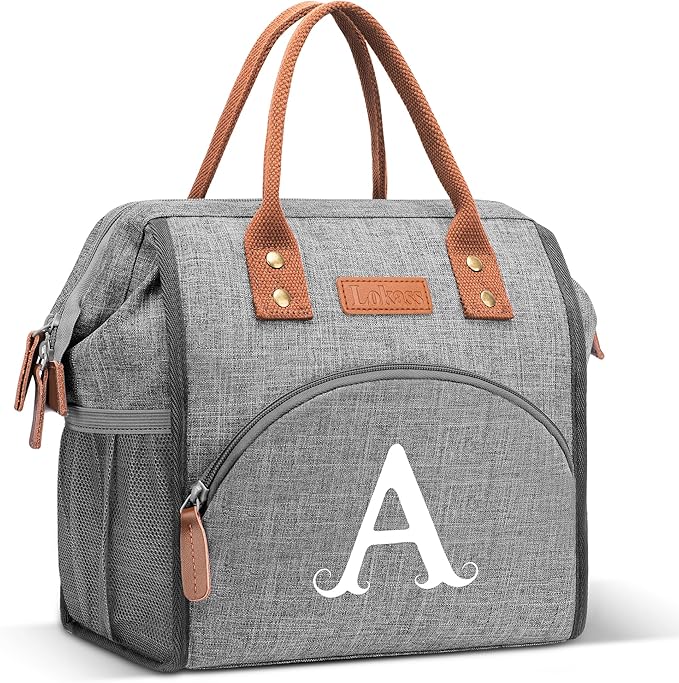 Initial Lunch Bag Women Insulated Lunch Box Wide-Open Lunch Tote Bag Large Drinks Holder Durable Nylon Thermal Snacks Organizer for Work, Travel, Picnic Personalized Gifts for Women/Teacher