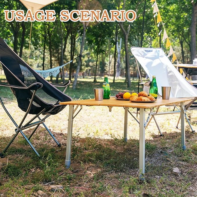 KingCamp Bamboo Camping Table Folding Table with Adjustable Height Aluminum Legs Heavy Duty 176lbs 4-Fold Portable Foldable Camp Tables for Travel, Picnic, 4-5 People