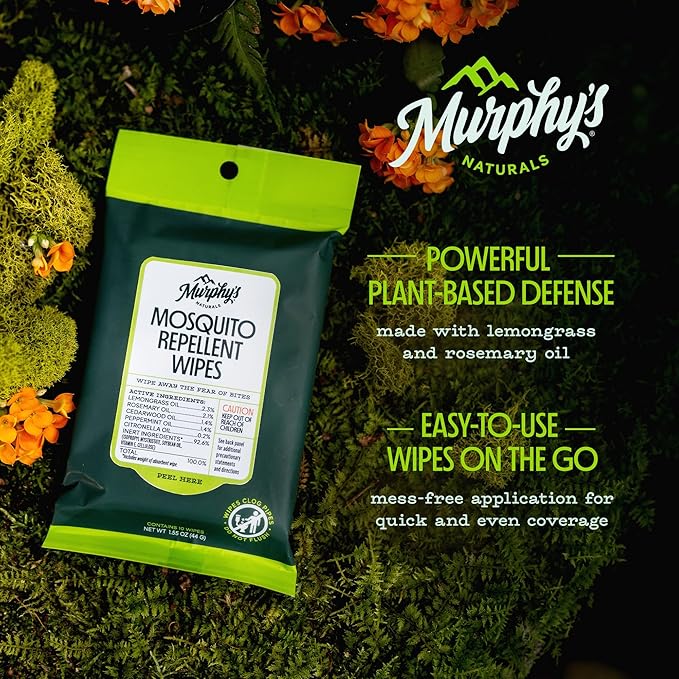 Murphy’s Naturals Mosquito Repellent Wipes, Plant-Based with Lemongrass & Rosemary Oil, Fast-Absorbing & Travel-Friendly, DEET-Free, 10 Wipes, 1-Pack