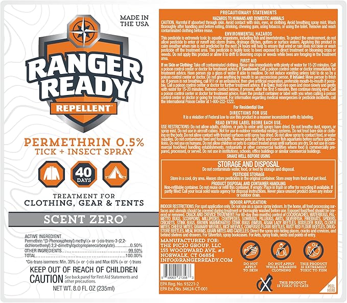 Ranger Ready Repellents 0.5% Permethrin Spray for Clothes and Outdoor Gear - Permethrin Insect & Tick Repellent - Scent Zero, 8 Fl Oz.