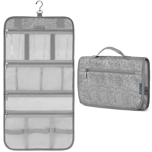 PAVILIA Hanging Toiletry Bag Women Men, Travel Kit Foldable Large Toiletries Organizer, Roll up Cosmetics Makeup Bag Accessories, Waterproof Essentials Jewelry Case (Heather Grey)