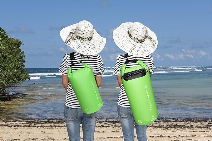 Waterproof Dry Bags Set Of 3 Dry Bag With 2 Zip Lock Seals & Detachable Shoulder Strap, Waist Pouch & Phone Case - Can Be Submerged Into Water - For Swimming (Green, 5L)