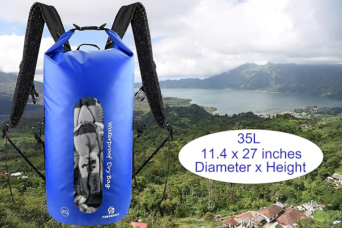 Waterproof Dry Bags Set of 3 - Dry Bag with 2 Zip Lock Seals, Waist Pouch & Phone Case - Can Be Submerged Into Water for Swimming, Kayak, Rafting & Boating (Window, Navy Blue, 35L)