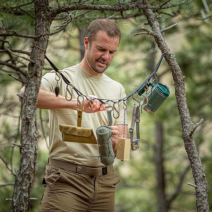 Nite Ize GearLine Hanging Organization System - Gear Ties for Camping, Hiking & Outdoor Activities - Webbing Line with S-Biner Clips & Bendable Ties - Camping Gear Organization - Coyote