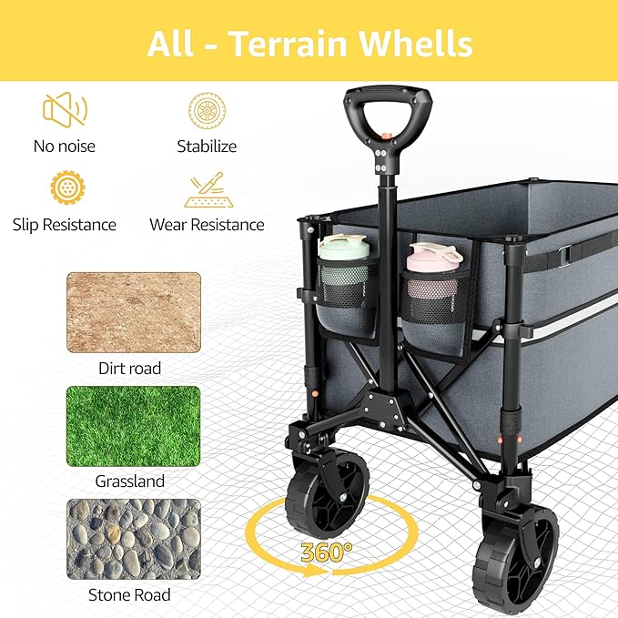 Collapsible Wagon Cart with Wheels Foldable - Folding Utility Heavy Duty Wagons Carts for Grocery Sports Garden Shopping Camping Grey