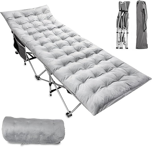 Zento Camping Cot and Mattress Folding Outdoor Travel Bed - Heavy Duty Max Load 450 LBS Premium Quality Cot Bed with Pad for Comfort Sleeping for Travel Home and Anytime Use