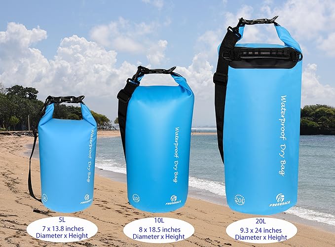 Waterproof Dry Bags Set of 3 Dry Bag with 2 Zip Lock Seals & Detachable Shoulder Strap, Waist Pouch & Phone Case - Can Be Submerged Into Water - for Swimming (Sky Blue, 5L)