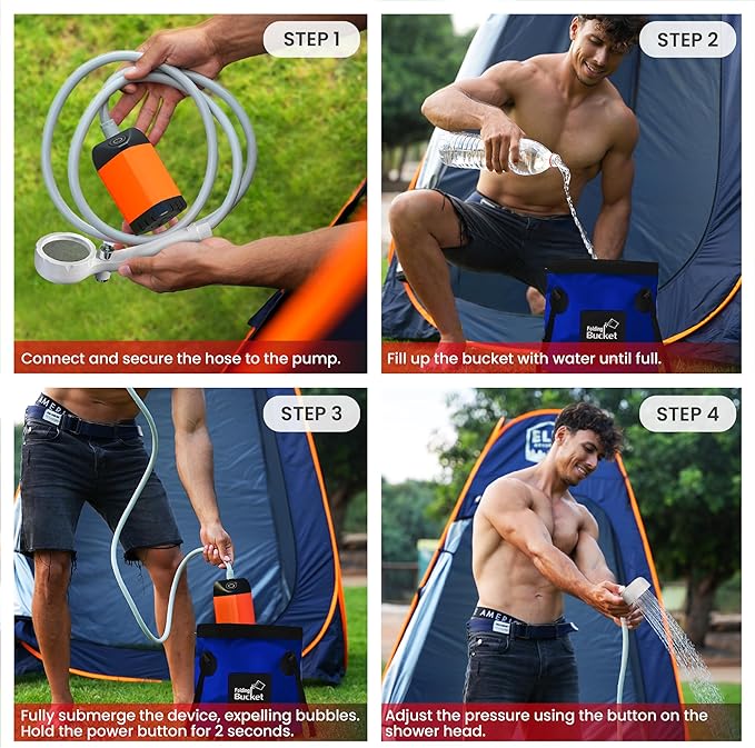 Elil Portable Camping Shower Pump with 3 Gallon Collapsible Bucket - Rechargeable Battery Camp Shower Electric Shower, Portable Shower for Camping Shower Tents (Shower Pump + 5 Gal Bucket)