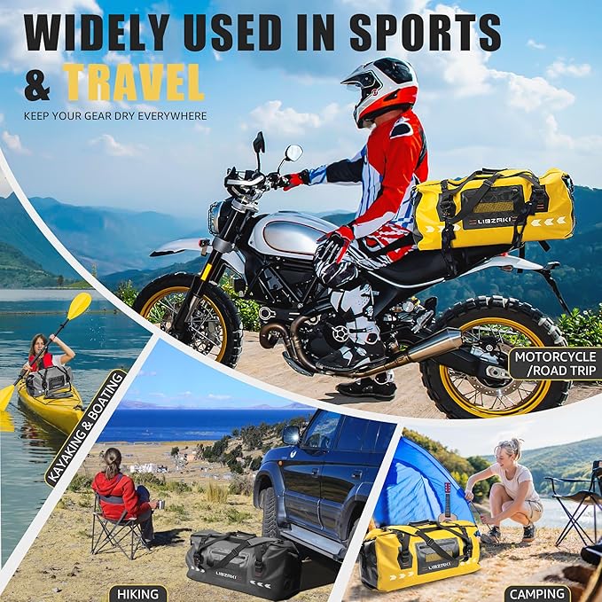 LIBZAKI Waterproof Rolltop Duffel Bag-Heavy Duty Dry Bag for Motorcycle Camping & Boating, Military-Grade Seams & Quick-Release Buckles 70L Black