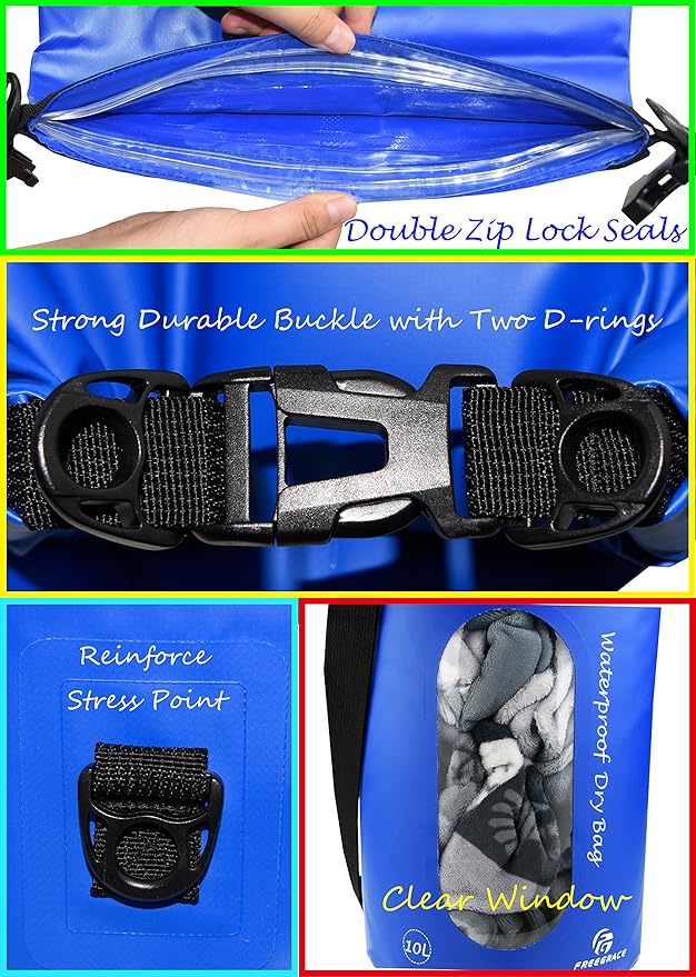 Waterproof Dry Bags Set Of 3 Dry Bag With 2 Zip Lock Seals & Detachable Shoulder Strap, Waist Pouch & Phone Case - Can Be Submerged Into Water - For Swimming (Navy Blue(Window), 5L)