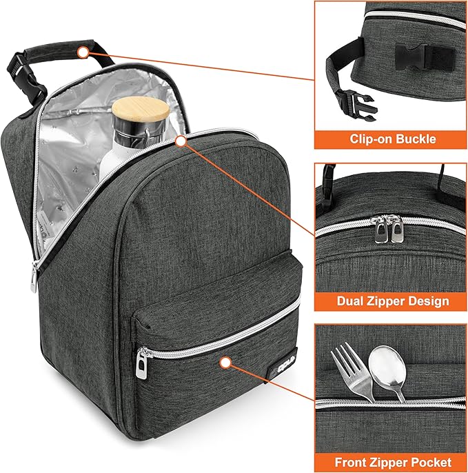 opux Lunch Box for Girls Boys Kids, Insulated Leakproof Lunch Bag, Reusable Teen Lunch Boxes for School, Medium Large lunchbox for Women Men Adult for Work with Front Back Pocket (Dark Gray)