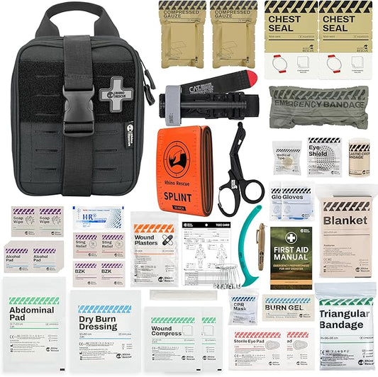 RHINO RESCUE IFAK Trauma Kit with C-A-T Tourniquet, Tactical First Aid Kit Molle Pouch for Military, Combat, Car, Camping, Hiking, Travel， FSA HSA Eligible (Black)