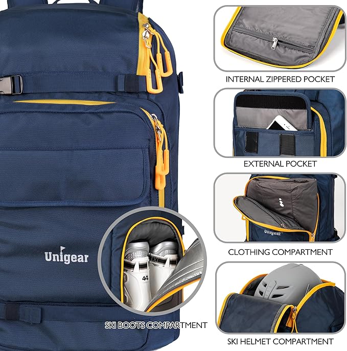 Unigear Ski Boot Bag, 70L Ski Boot Travel Backpack for Ski Helmet, Goggles, Gloves, Skis, Snowboard & Accessories（Blue）