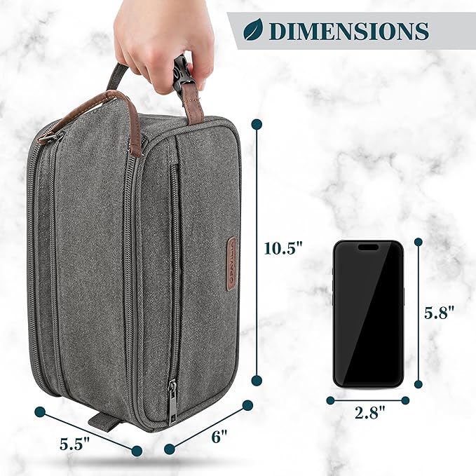 PAVILIA Toiletry Bag for Men Women, Canvas Travel Dopp Kit, Water Resistant Hygiene Bag Toiletries Organizer, Shaving Kit Travel Accessories Bag, Grey