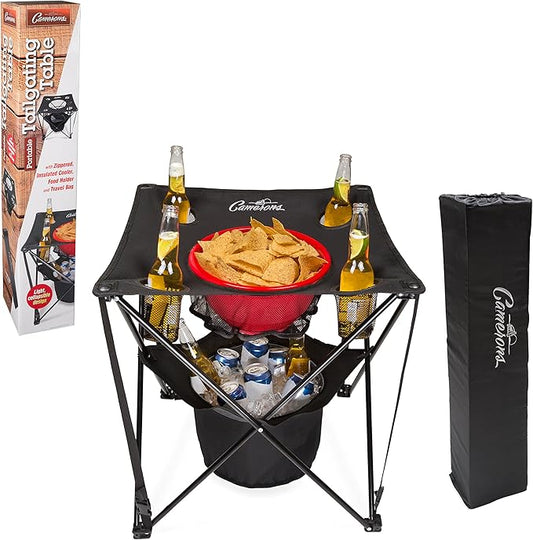 Camerons All-in-One Tailgating Table - Collapsible Folding Camping Table with Insulated Cooler, Mesh Food Basket and Travel Bag for Barbecues, Camping, The Beach, Tailgate Parties - Cookout Essential
