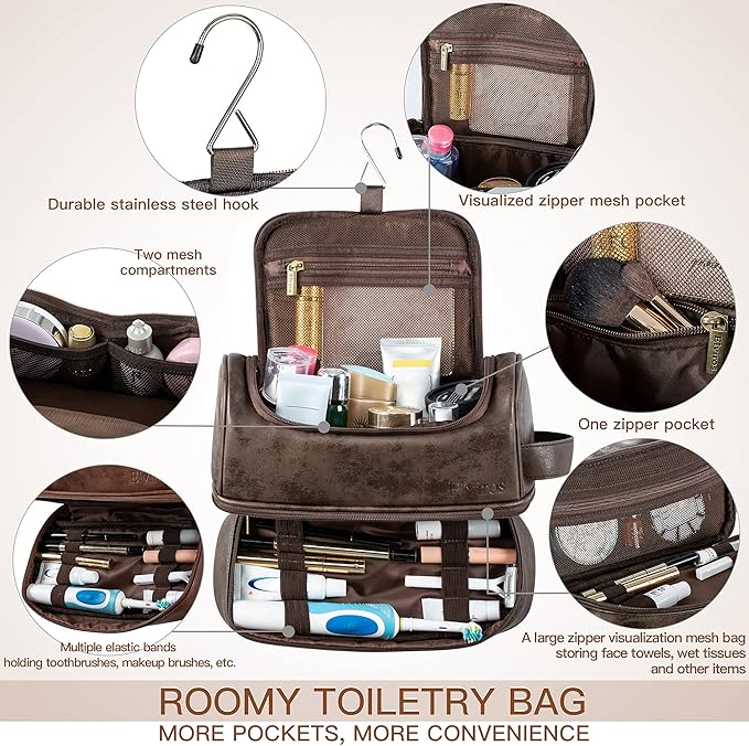 Elviros Toiletry Bag for Mens PU Leather Travel Organizer Kit with Hanging hook, Large Water-resistant Toiletries Bathroom Shaving Bags (Extra Large, Coffee)