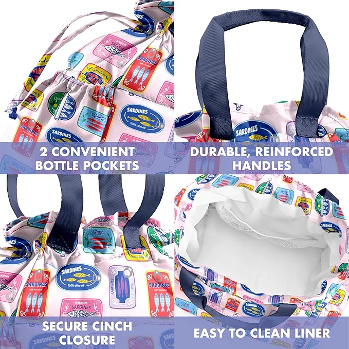 Fit & Fresh Lunch Bag For Women, Insulated Womens Lunch Bag For Work, Stain-Resistant Large Lunch Box For Women With Containers, Cinch Closure Cromwell Bag, Assorted Sardine Cans