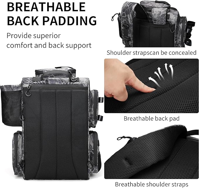 Rabjen Fishing Tackle Backpack with Rod Holders, Bottle Holder, Storage Bag Store Fishing Gear