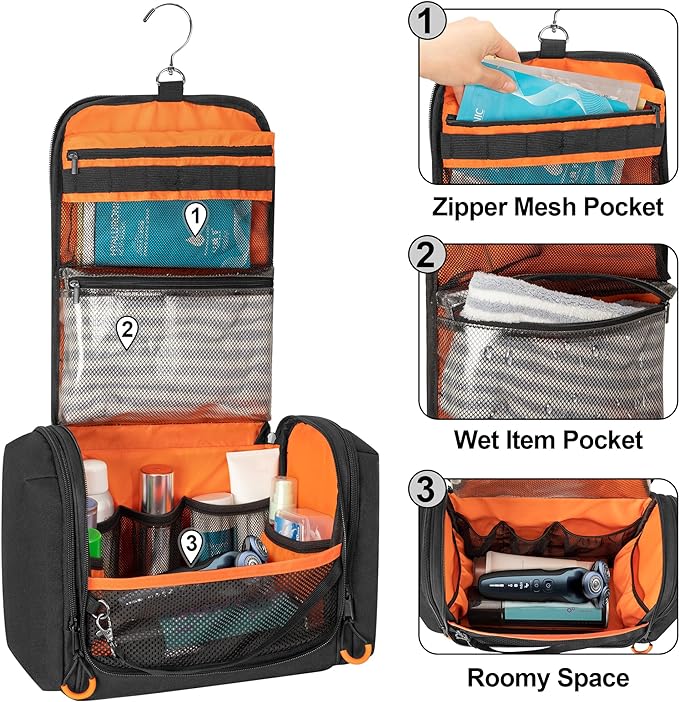 Tactical Toiletry Travel Bag for Men, Hanging Dopp Kit Hygiene Bag Shower Organizer with Hook for Toiletries and Shaving Care, Black (Empty Bag)